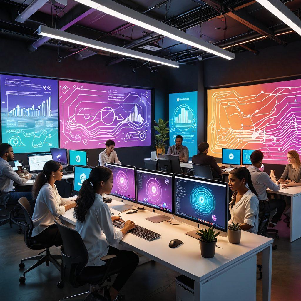 A futuristic workspace featuring a sleek computer with vibrant graphs and tech icons floating around, symbolizing blogging and digital innovations. Include a diverse group of individuals brainstorming ideas, their expressions excited and engaged. The background should have hints of digital media like video and audio waves, showcasing reviews and creativity. Bright colors and dynamic shapes to convey energy and innovation. super-realistic. vibrant colors. 3D.