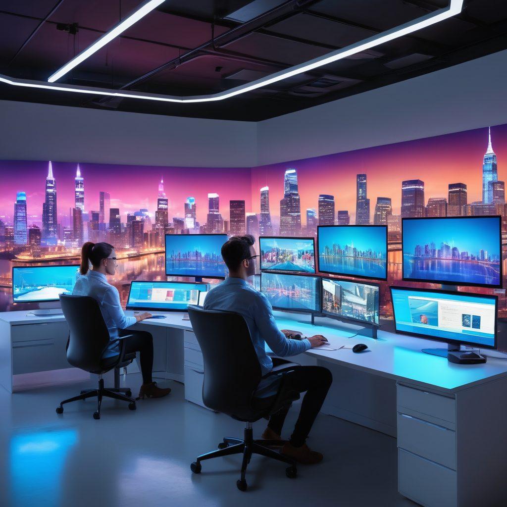 A futuristic digital workspace filled with holographic screens displaying diverse digital content creation tools and platforms. In the foreground, a diverse group of content creators collaborates energetically, showcasing innovations in video editing, blogging, and graphic design. The background features a city skyline symbolizing growth and change in the industry. Bright, engaging colors emphasize creativity and technology. ultra-realistic. vibrant colors. white background.