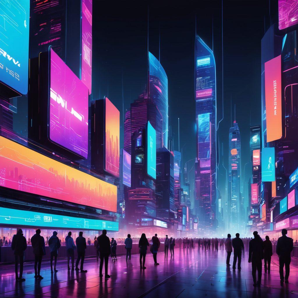 A futuristic city skyline made of digital screens displaying trends and insights related to online publishing. In the foreground, a diverse group of individuals are engaged in discussions, surrounded by floating icons representing reviews and analytics. The atmosphere should be vibrant and energetic, symbolizing the dynamic nature of the digital landscape. neon colors, 3D, cyberpunk.